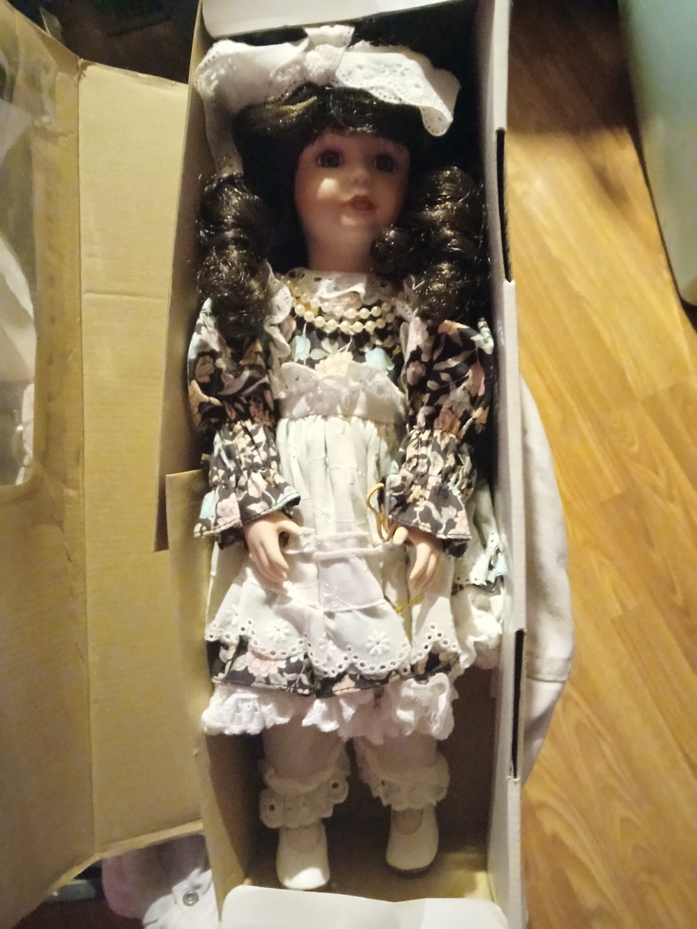 Victorian-Style Porcelain Doll in White and Floral Dress